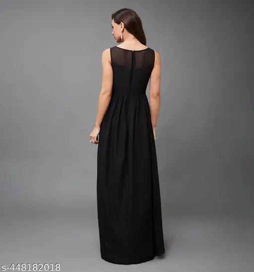 Miss Chase Women's Black Boat Neck Sleeveless Solid Embellished Maxi Dress