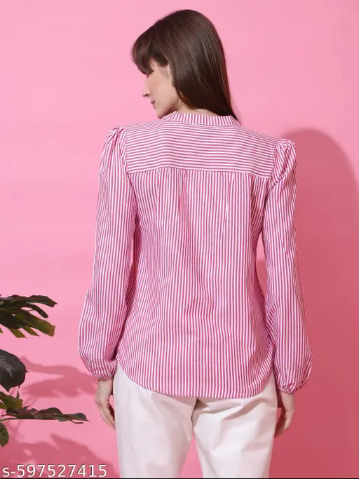 Honky Tonky Women’s Pink & White Vertical Striped V-Neck Casual Top with Long Sleeves