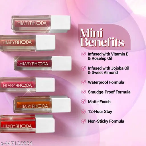 Hilary Rhoda Matte Minis Lipstick | Infused with Vitamin E, Jojoba Oil & Rosehip Oil | 12-Hour Stay | Smudge-Proof & Waterproof Lipstick | Non-Sticky | Set of 6 | 1.2 ml