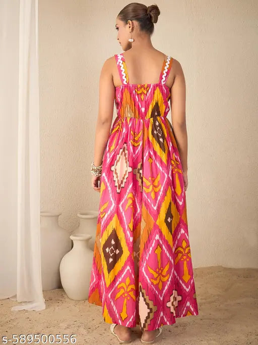 Women Pink Geometric Print Cotton Flared Strappy Dress