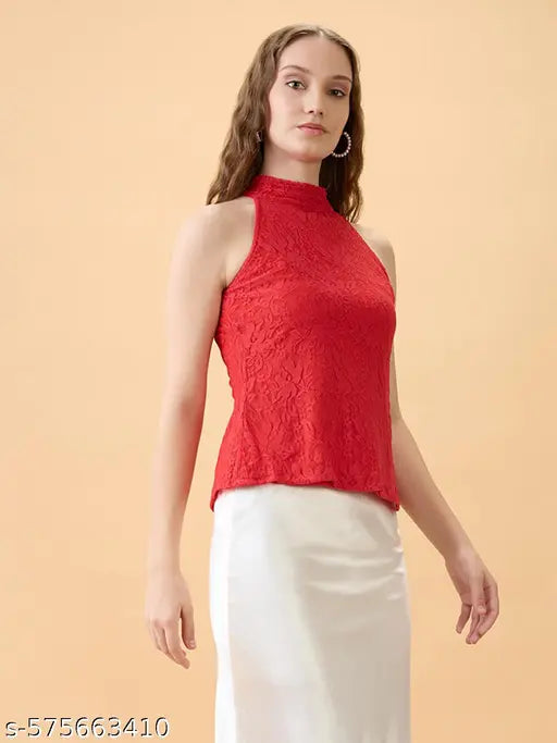 Globus Women Red Floral Lace Detail Self Design Halter Neck Sleeveless Party Top