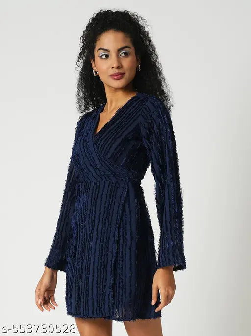 Globus Women Navy Blue Self Textured V-Neck Sheath Mini Party Dress