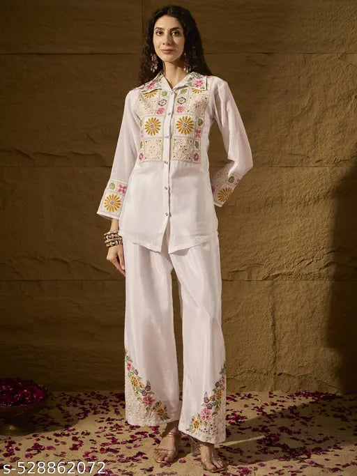Miss Ethnik Women’s White Color Full Stitched Chinon Co-Ord Set with Santoon Inner Embroidered Top & Bottom Set (1267-White)