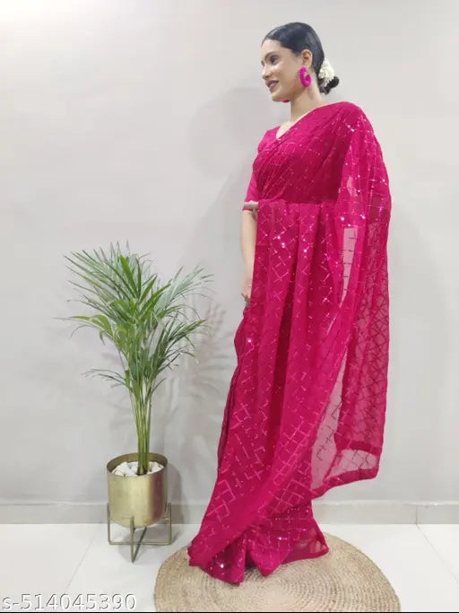 Honeycomb Sequins Work Georgette Fabric Bollywood Style Saree