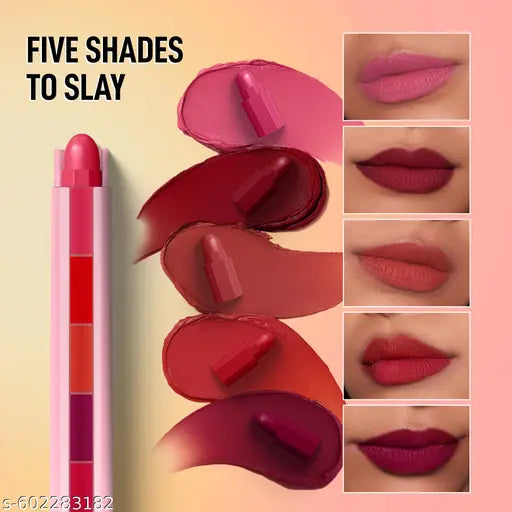 RENEE Everyday Fab 5 5-in-1 Lipstick | 5 Shades In 1 Stick, Matte Finish, Intense Colour Pay-off | Creamy Formula, Glides Easily, One Stroke Application | With Jojoba Oil & Vitamin E | 7.5 g