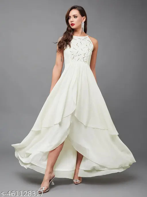 Miss Chase Women's Off White Round Neck Sleeveless Solid Embellished Maxi Dress