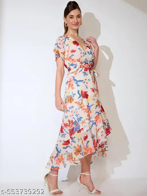 Globus Women White Floral Print Neck Flared Sleeves Waist Tie-Up Ruffled Tulip Hem A-line Midi Dress