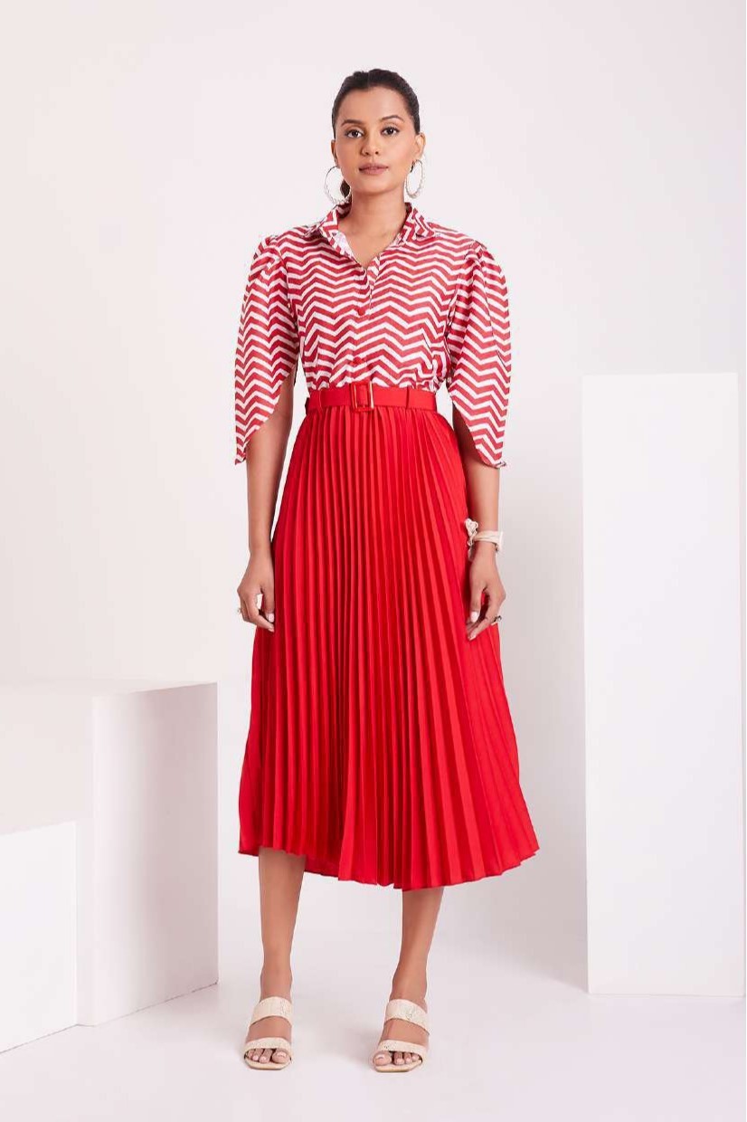 Red and White Pleated Western Wear Stylish Dress For Women