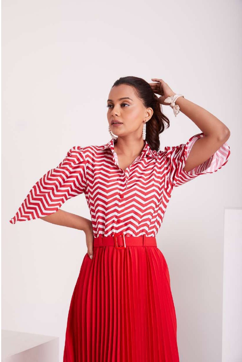 Red and White Pleated Western Wear Stylish Dress For Women