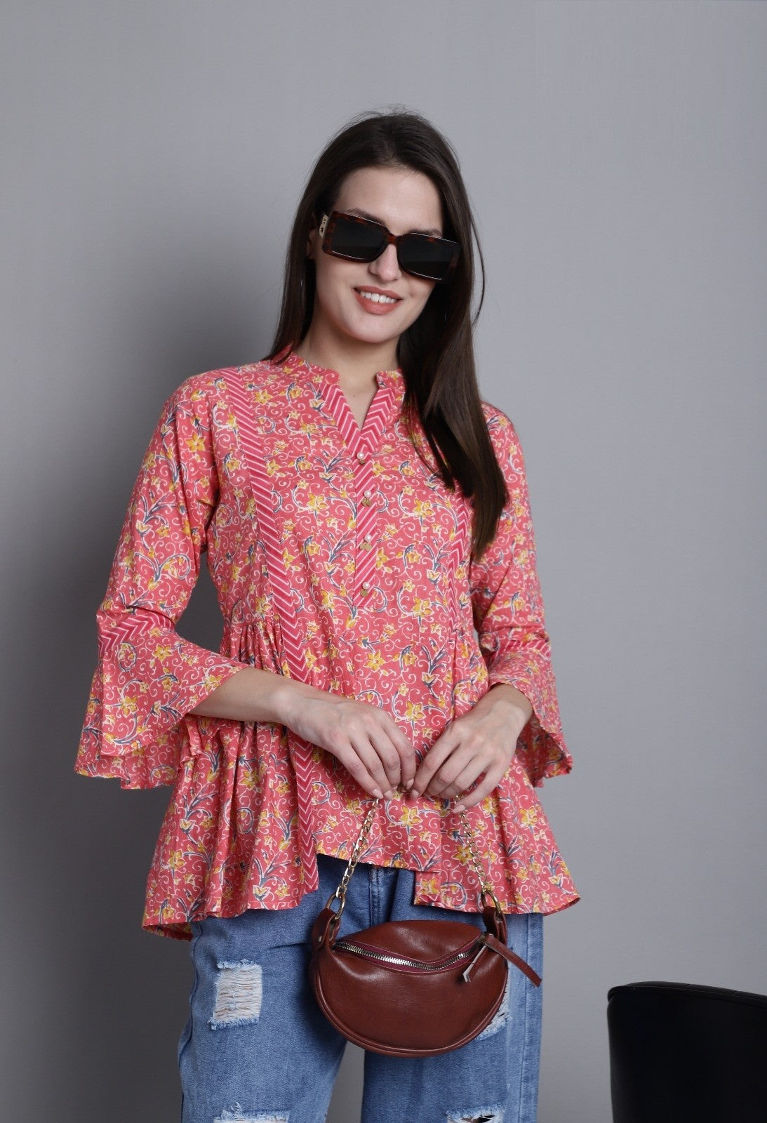 Peach Pure cotton Jaipuri Printed Short Top