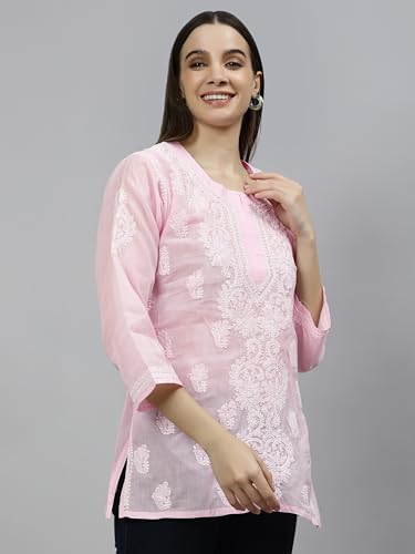 Seva Chikan Hand Embroidered Lucknowi Chikankari Pink Terivoil Cotton Women's Short Top Tunic (Pink)