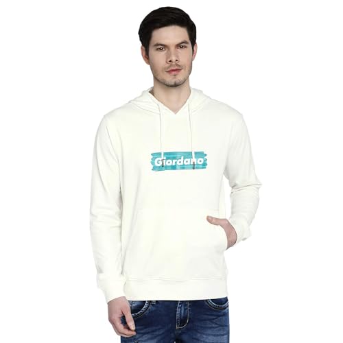 Giordano Men's Regular Fit Long Sleeves Typography Printed Kangaroo Pockets Hooded Pullover Sweatshirt Snow White