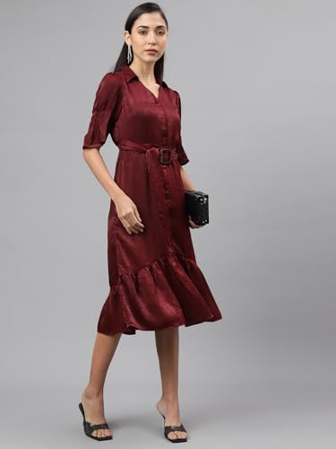 Latin Quarters Women Maroon Half Sleeve Collar Neck Women Shirt Dress