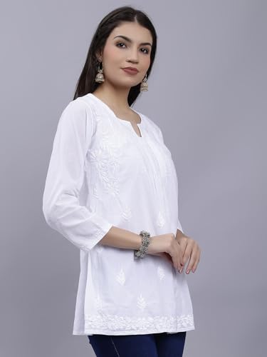 Seva Chikan Hand Embroidered White Cotton Lucknowi Chikankari Top (White)