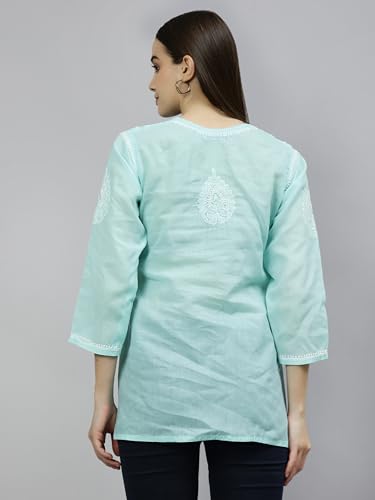 Seva Chikan Hand Embroidered Lucknowi Chikankari Sea Green Terivoil Cotton Women's Short Top Tunic (Sea Green)