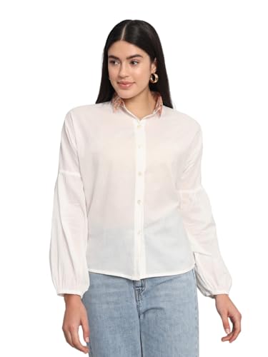 Ravaiyaa - Attitude is everything Women's Solid Full Sleeves 100% Cotton White Plain Shirt with Printed Spread Collar Neck Shirt for Womens/Girls (White Pink)