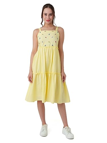 Zink London Women's Yellow Embroidered A-Line Midi Dress