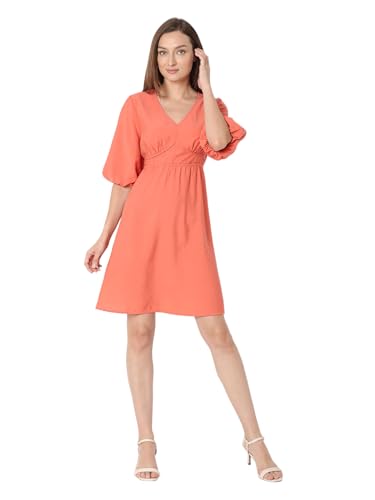 VERO MODA Women's Viscose Fit and Flare Above The Knee Dress (Burnt Sienna)