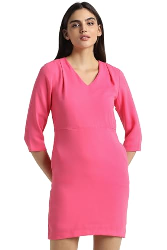 Allen Solly Women's Polyester Shift Calf Length Dress (Pink)