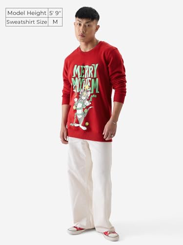 The Souled Store Official Tom & Jerry: Merry Mayhem Men and Boys Long Sleeve Crew Neck Red Graphic Printed Oversized Fit Sweatshirts Sweatshirts Hoodies Pullovers Crewneck Graphic Printed Casual