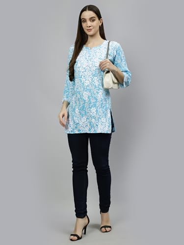 Seva Chikan Hand Embroidered Lucknowi Chikankari Blue Cotton Women's Printed Short Top Tunic (Blue)