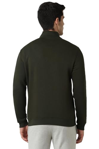 Van Heusen Men Green Solid Stylized Neck Sweatshirt