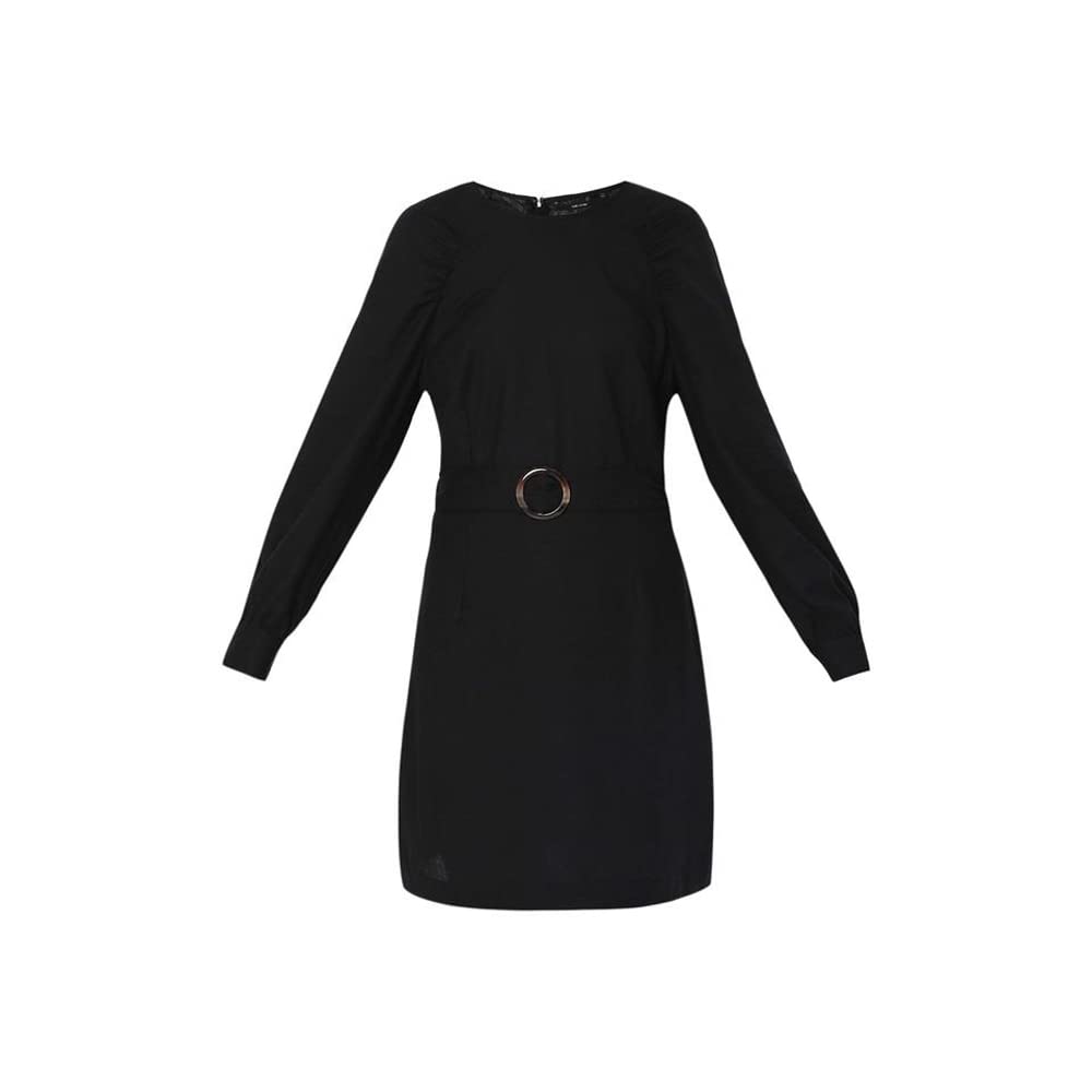 VERO MODA Solid Viscose Round Neck Womens Mini Dress (Black)