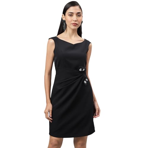 Latin Quarters Women Black Cap Sleeve V-Neck Women Shift Dress