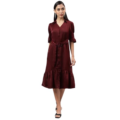 Latin Quarters Women Maroon Half Sleeve Collar Neck Women Shirt Dress