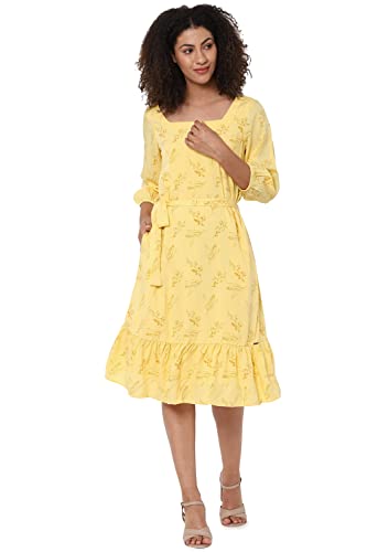 Allen Solly Printed Rayon Regular Neck Womens Dress (Yellow)