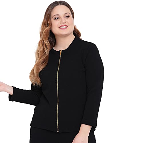 The Pink Moon Women's Plus Size Solid Self Design Jacket (Black)