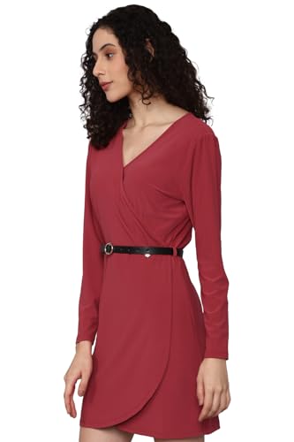 Allen Solly Women's Polyester Sheat Knee-Length Dress (Maroon)