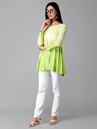 Seva Chikan Hand Embroidered Lucknowi Chikankari Lime Green Rayon Cotton Short A-line Top Tunic for Women (Lime Green)