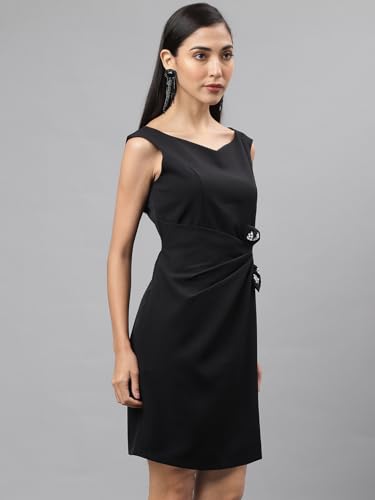 Latin Quarters Women Black Cap Sleeve V-Neck Women Shift Dress