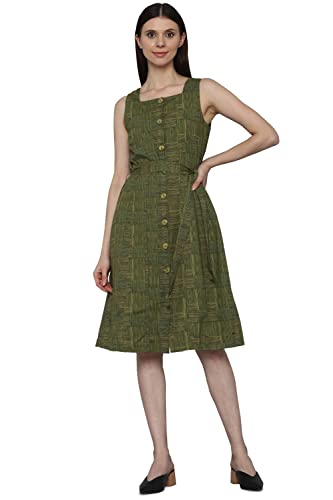 Allen Solly Women's Cotton Blend A-Line Below The Knee Dress (Olive)