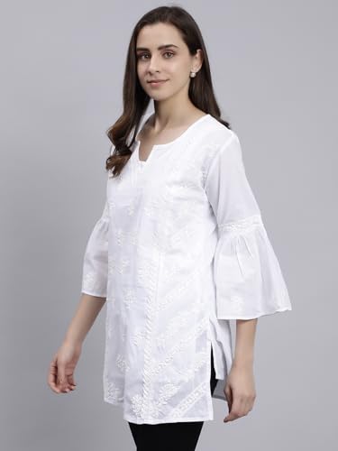 Seva Chikan Hand Embroidered White Cotton Lucknowi Chikankari Top (White)