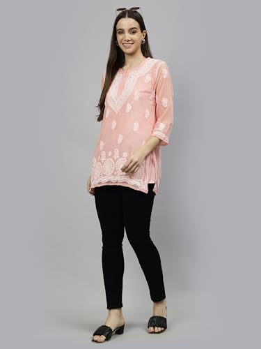 Seva Chikan Hand Embroidered Lucknowi Chikankari Peach Georgette Women's Short Top Tunic with Slip (Peach)