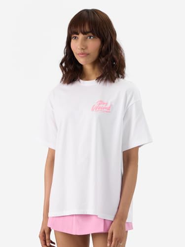 The Souled Store Official Lilo & Stitch: Ohana Women and Girls Short Sleeve Round Neck White Graphic Printed Cotton Oversized