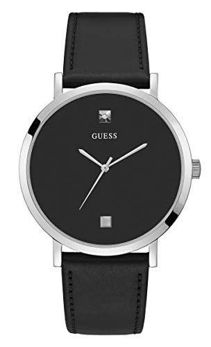 GUESS Men's Stainless Steel Analog Watch with Leather Calfskin Strap, Black