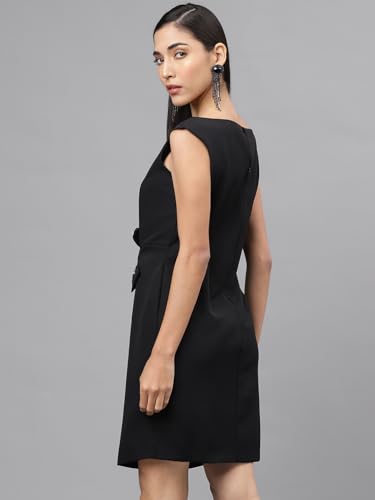 Latin Quarters Women Black Cap Sleeve V-Neck Women Shift Dress