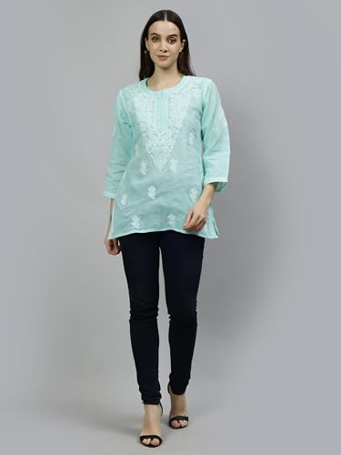 Seva Chikan Hand Embroidered Lucknowi Chikankari Sea Green Terivoil Cotton Women's Short Top Tunic (Sea Green)