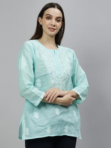 Seva Chikan Hand Embroidered Lucknowi Chikankari Sea Green Terivoil Cotton Women's Short Top Tunic (Sea Green)