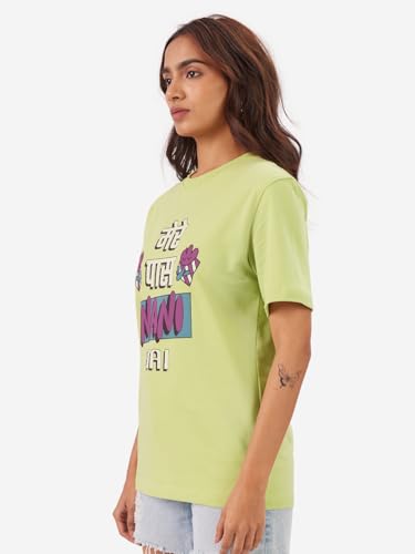 The Souled Store Mere Paas Nani Hai Women and Girls Short Sleeve Round Neck Green Graphic Printed Cotton Oversized Fit T-Shirts