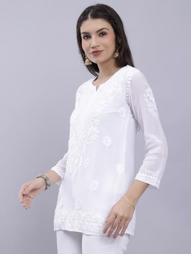 Seva Chikan Hand Embroidered White Crepe Lucknowi Chikankari Top with Inner (White)