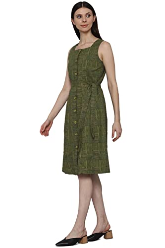 Allen Solly Women's Cotton Blend A-Line Below The Knee Dress (Olive)