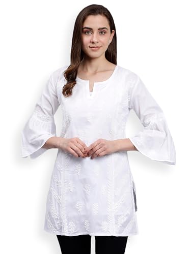 Seva Chikan Hand Embroidered White Cotton Lucknowi Chikankari Top (White)