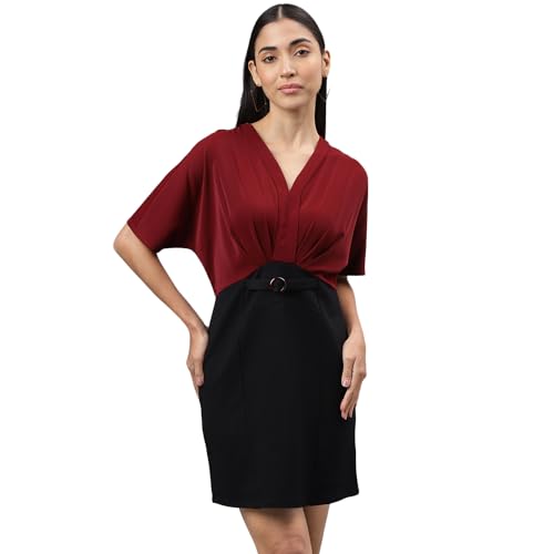 Latin Quarters Women Maroon Half Sleeve V-Neck Women 2 Fir 1 Dress