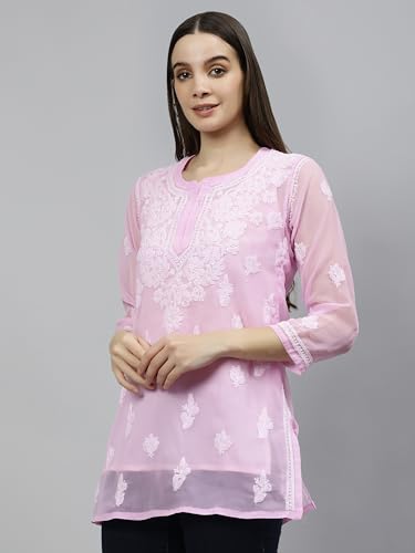 Seva Chikan Hand Embroidered Lucknowi Chikankari Pink Georgette Women's Short Top Tunic with Slip (Pink)