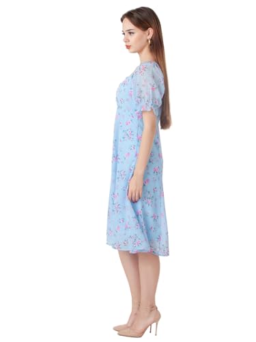 Zink London Women's Sky Blue Printed A-Line Midi Dress