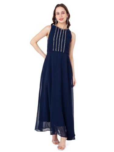 Zink London Women's Blue Embroidered Flared Maxi Dress